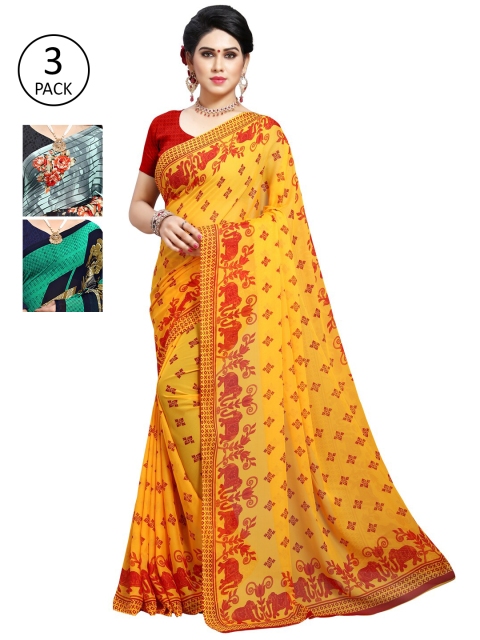 

KALINI Pack Of 3 Poly Georgette Printed Sarees, Yellow