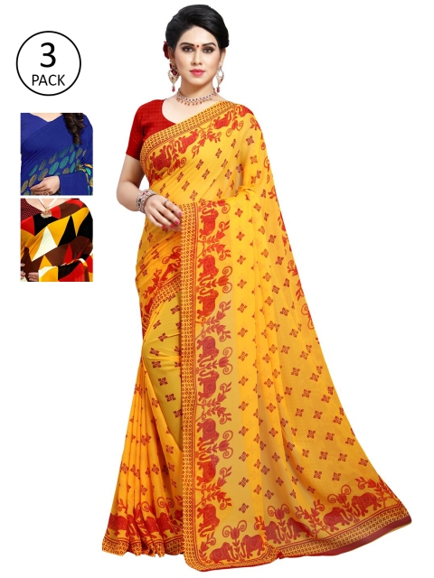 

KALINI Pack Of 3 Yellow & Red Saree