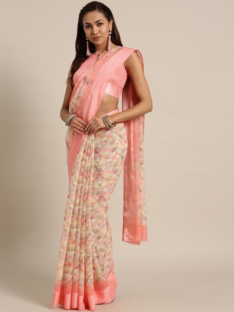 

Saree mall Peach & Yellow Linen Blend Sarees