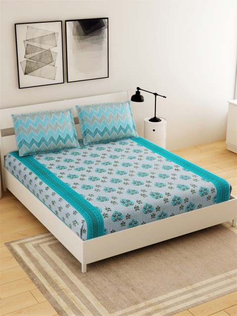

Salona Bichona White & Turquoise Blue Floral 144 TC Queen Bedsheet with 2 Pillow Covers