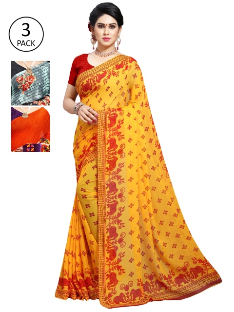 

KALINI Pack Of 3 Yellow & Black Saree