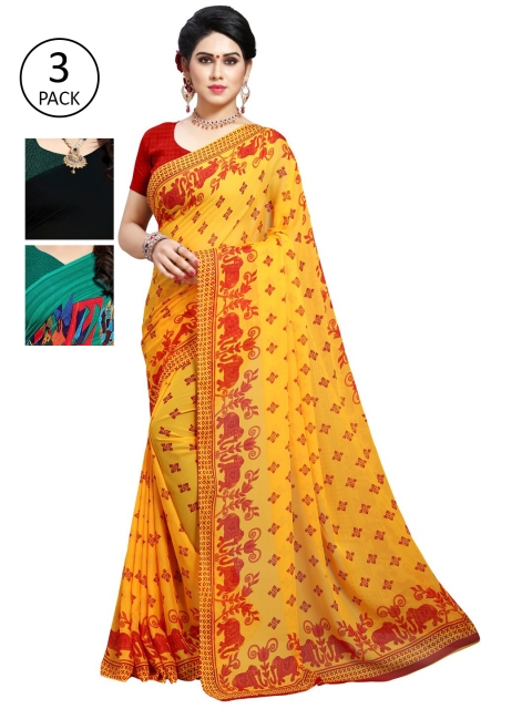 

KALINI Pack of 3 Ethnic Motifs Poly Georgette Saree, Yellow