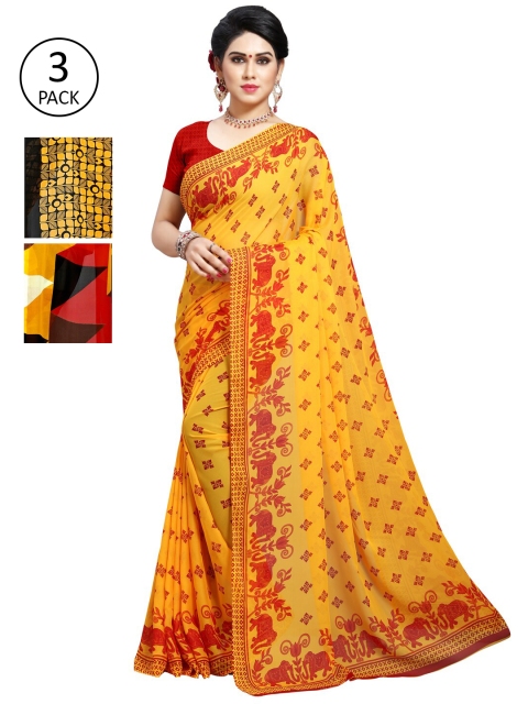 

KALINI Pack Of 3 Yellow & Black Ethnic Motifs Saree