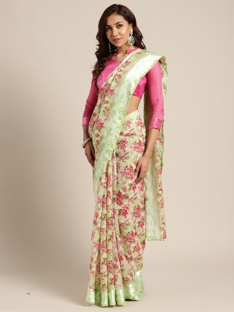 

Saree mall Green & Pink Floral Linen Blend Sarees