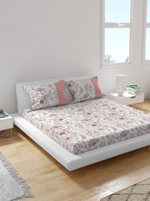 

Himeya White & Peach-Coloured Floral 300 TC Cotton King Sustainable Bedsheet with 2 Pillow Covers