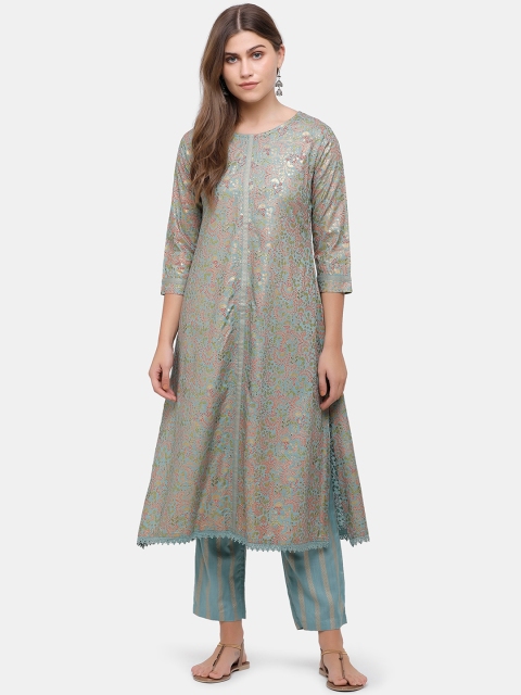 

IMARA Women Green & Golden Printed Kurta with Trousers