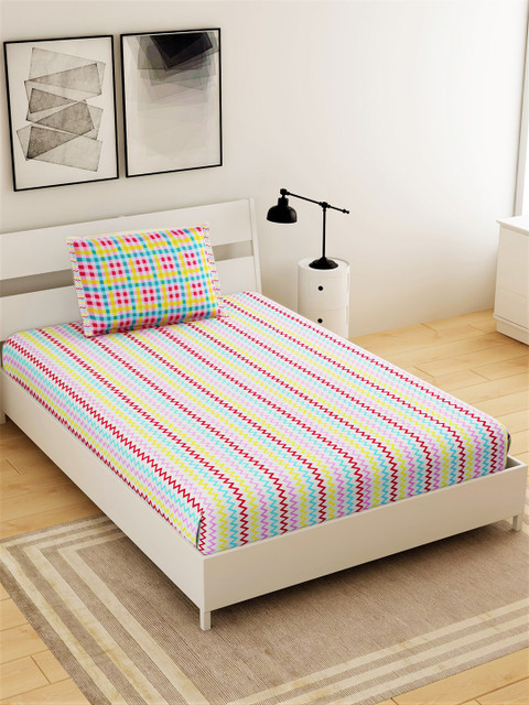 

Salona Bichona White & Yellow Striped 144 TC Single Bedsheet with 1 Pillow Covers