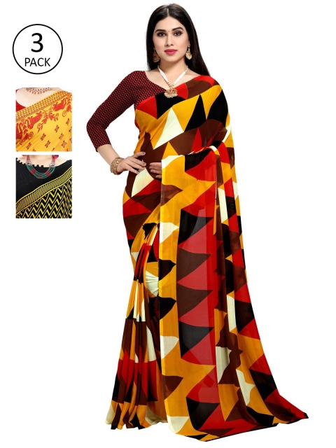 KALINI Pack of 3 Printed Poly Georgette Saree, Yellow