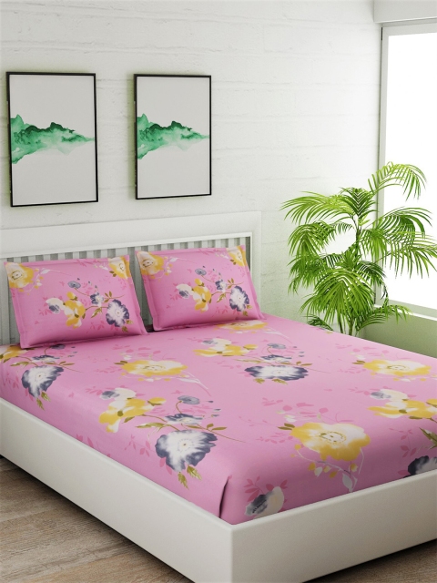 

Salona Bichona Pink & Grey Floral 180 TC Queen Bedsheet with 2 Pillow Covers