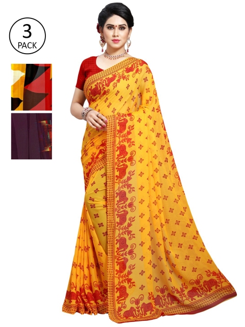 

KALINI Pack of 3 Printed Poly Georgette Saree, Yellow