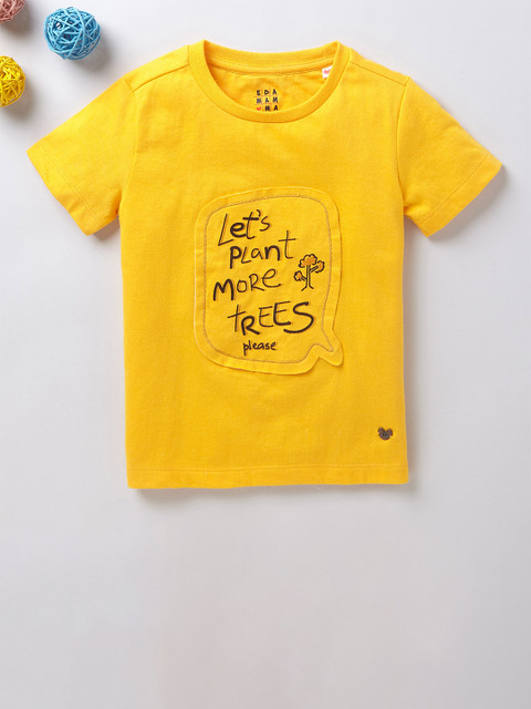 

Ed-a-Mamma Boys Mustard Yellow Typography Printed Applique Pure Cotton T-shirt