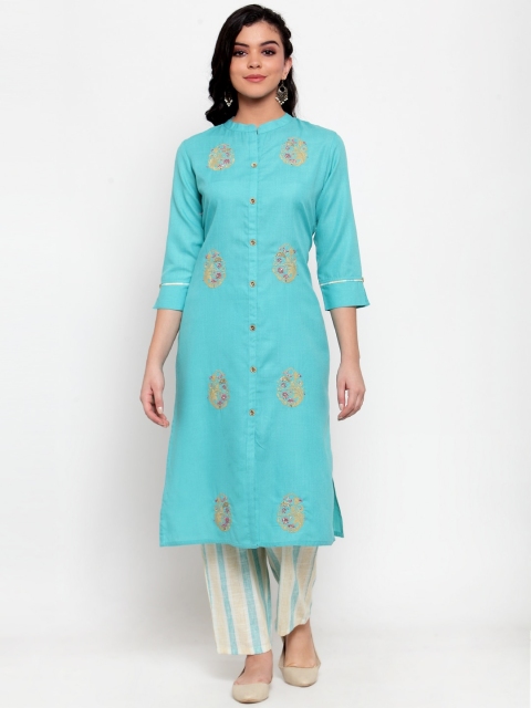 

ANAISA Women Blue Embroidered Pure Cotton Kurta with Trousers