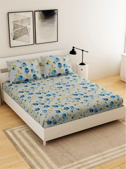 

Salona Bichona Blue Floral 144 TC King Bedsheet with 2 Pillow Covers