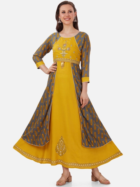 

Kiana Women Yellow Layered A-Line Embroidered Maxi Dress