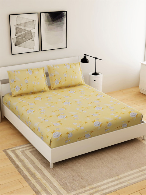 

Salona Bichona Yellow & Grey Floral 144 TC Queen Bedsheet with 2 Pillow Covers