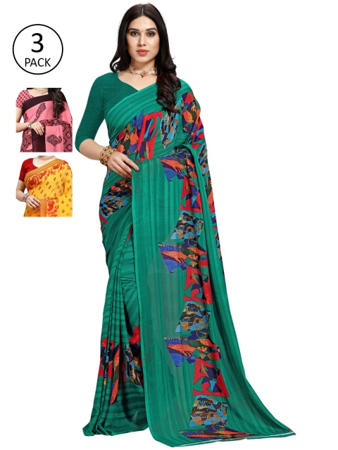 

KALINI Pack Of 3 Ethnic Motifs Sarees, Green
