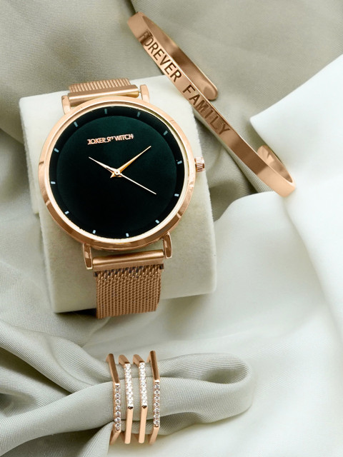 

JOKER & WITCH Women Black & Rose Gold-Toned Day Dream Love Triangle Watch Gift Set JWLT216