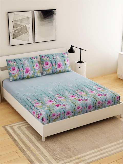 

Salona Bichona Teal Blue & Pink Floral 144 TC King Bedsheet with 2 Pillow Covers