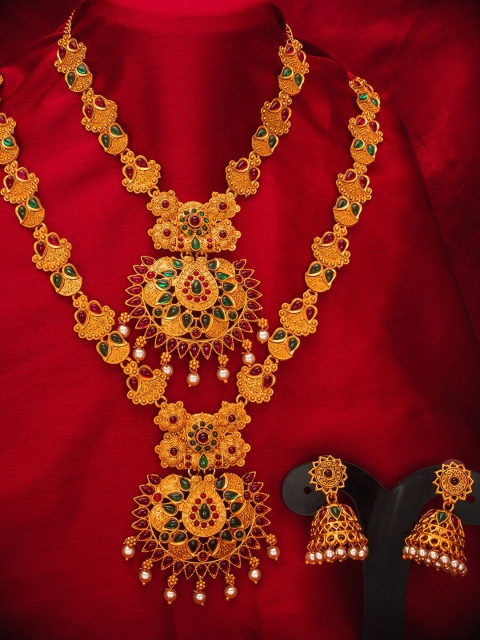 

aadita Gold-Plated Pink & Green Stone-Studded & Pearl Beaded Temple Jewellery Set