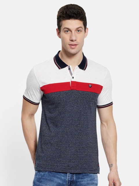 

Monte Carlo Men Cotton White Horizontal Stripes Colourblocked Polo Collar T Shirt