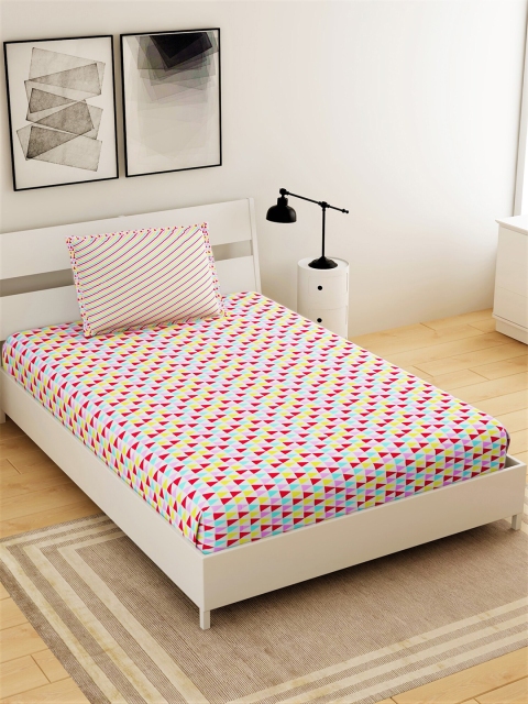 

Salona Bichona White & Red Geometric 144 TC Single Bedsheet with 1 Pillow Covers