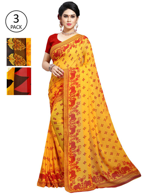 

KALINI Pack of 3 Printed Poly Georgette Saree, Yellow