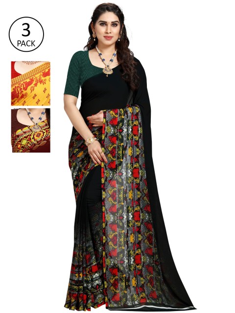 

KALINI Pack of 3 Printed Poly Georgtte Saree, Yellow