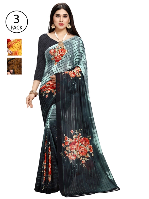 

KALINI Pack Of 3 Poly Georgette Printed Sarees, Blue