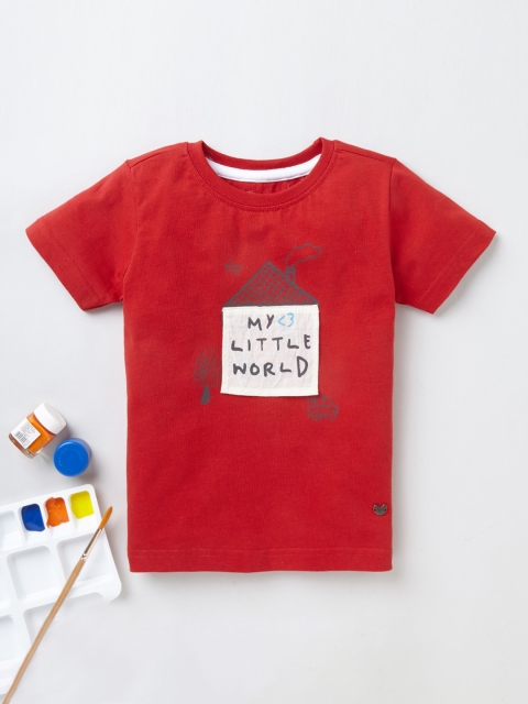 

Ed-a-Mamma Boys Red Typography Printed Applique Sustainable T-shirt