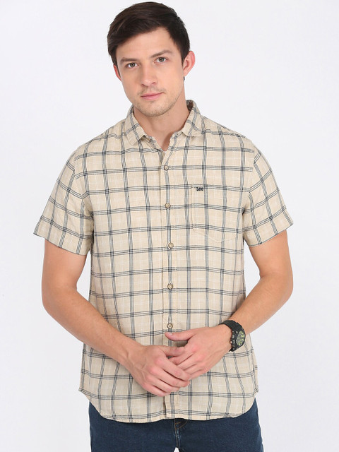 

Lee Men Beige Slim Fit Checked Pure Cotton Casual Shirt