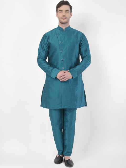 

SG LEMAN Men Teal Blue Raw Silk Kurta with Trousers