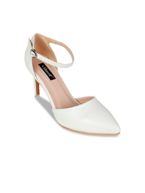 

Sherrif Shoes White Solid Stiletto Pointed Toe Pumps with Buckles