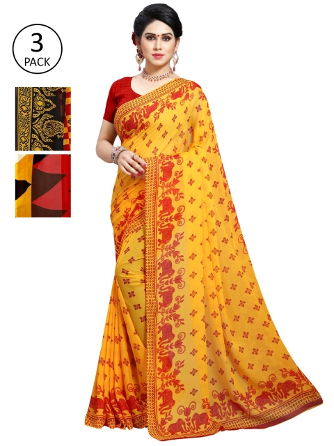 

KALINI Pack Of 3 Yellow & Black Saree