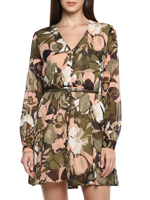 

LIU JO Olive Green & Pink Floral Printed Above-Knee Shirt Dress