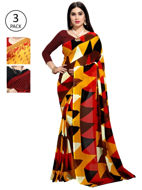 

KALINI Pack Of 3 Poly Georgette Printed Sarees, Yellow