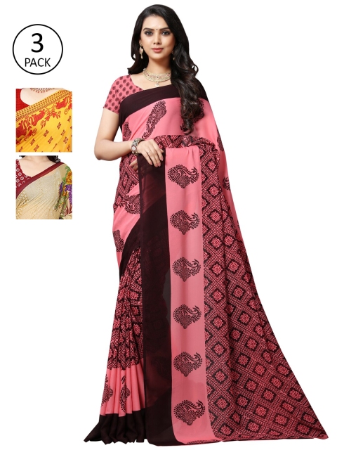 

KALINI Pack of 3 Printed Poly Georgette Saree, Pink