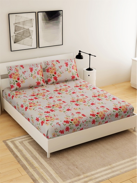 

Salona Bichona Grey & Orange Floral 144 TC King Bedsheet with 2 Pillow Covers