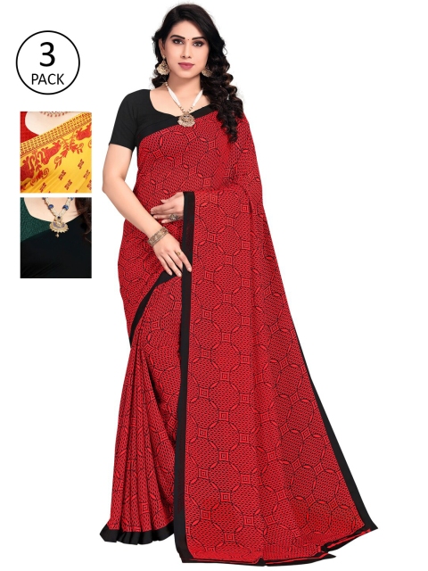

KALINI Pack Of 3 Yellow & Red Poly Georgette Ethnic Motifs Saree