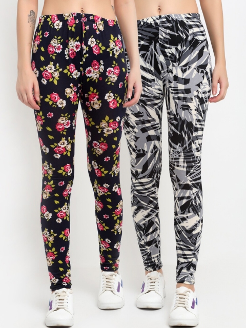 

NEUDIS Women Pack Of 2 Printed Skinny-Fit Ankle-Length Leggings, Black