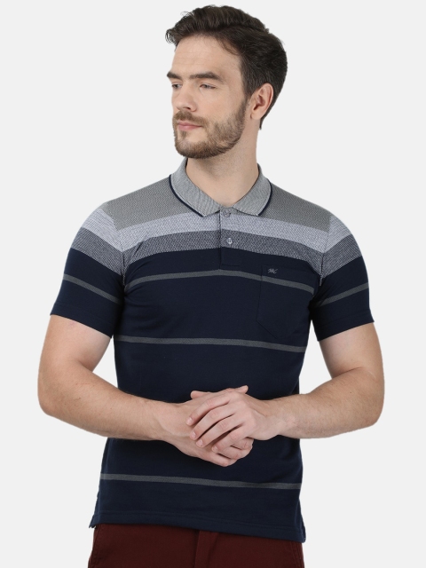 

Monte Carlo Men Cotton Blend Navy Blue Horizontal Striped Polo Collar T shirt