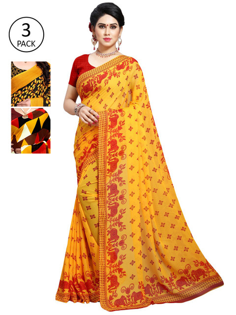 

KALINI Pack Of 3 Yellow & Red Saree