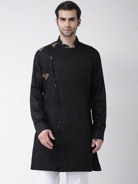 

SG LEMAN Men Black Cotton Embroidered Detail Angrakha Straight Kurta