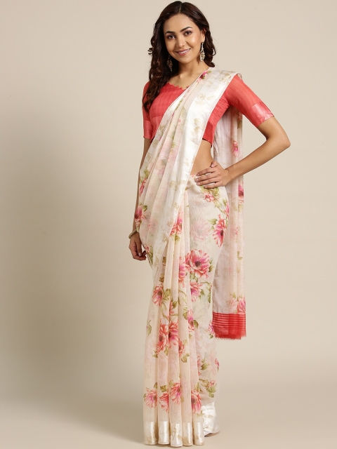 

Saree mall Cream & Red Floral Linen Blend Sarees