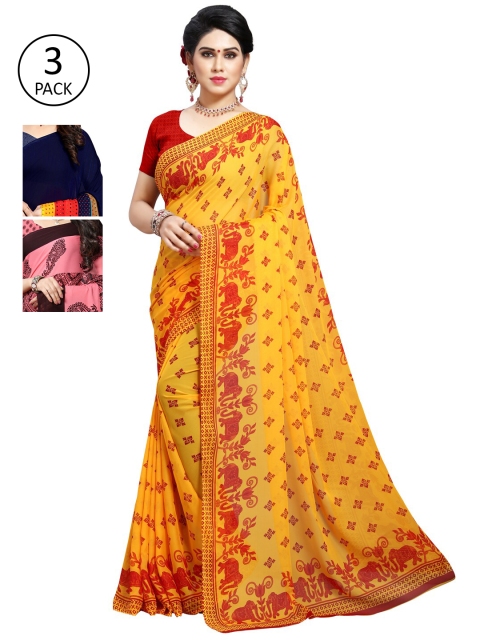 

KALINI Yellow & Red Ethnic Motifs Pack of 3 Saree