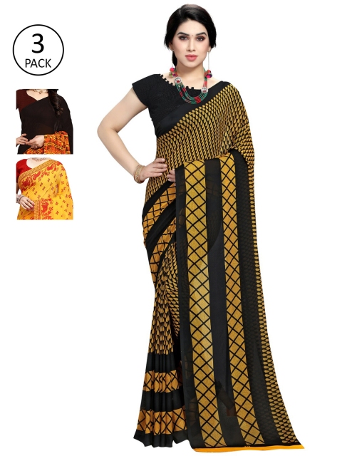 

KALINI Pack of 3 Poly Georgette Sarees, Yellow