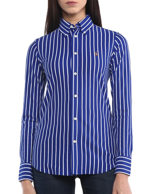 

Polo Ralph Lauren Women Blue Striped Button-Down Collar T-shirt