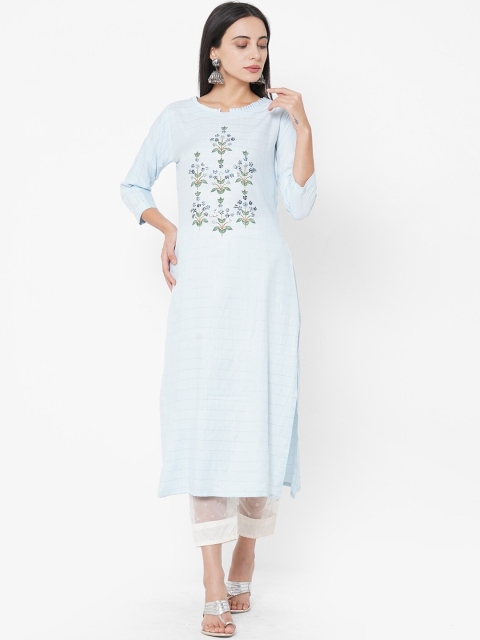 

FASHOR Women Blue Printed Straight Kurta