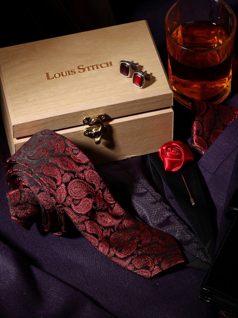 

LOUIS STITCH Tie Cufflinks Pocket Square Brooch Suit Accessories Set For Men, Red
