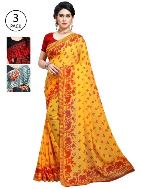 

KALINI Pack Of 3 Poly Georgette Printed Sarees, Yellow