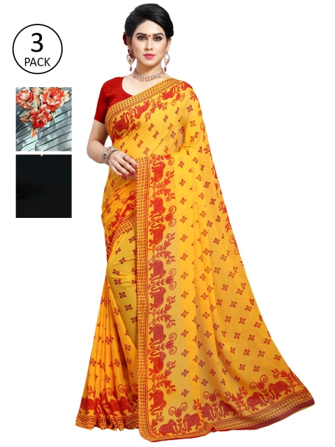 

KALINI Pack of 3 Printed Poly Georgette Saree, Yellow